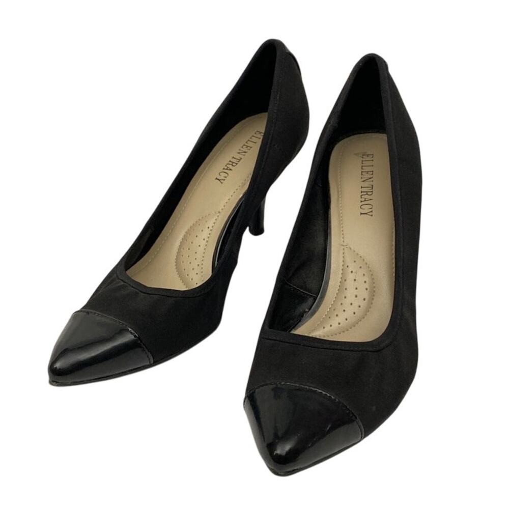 ELLEN TRACY Women's Et Bari Black Satin Patent Cap-toe pump 8 M Sophisticated